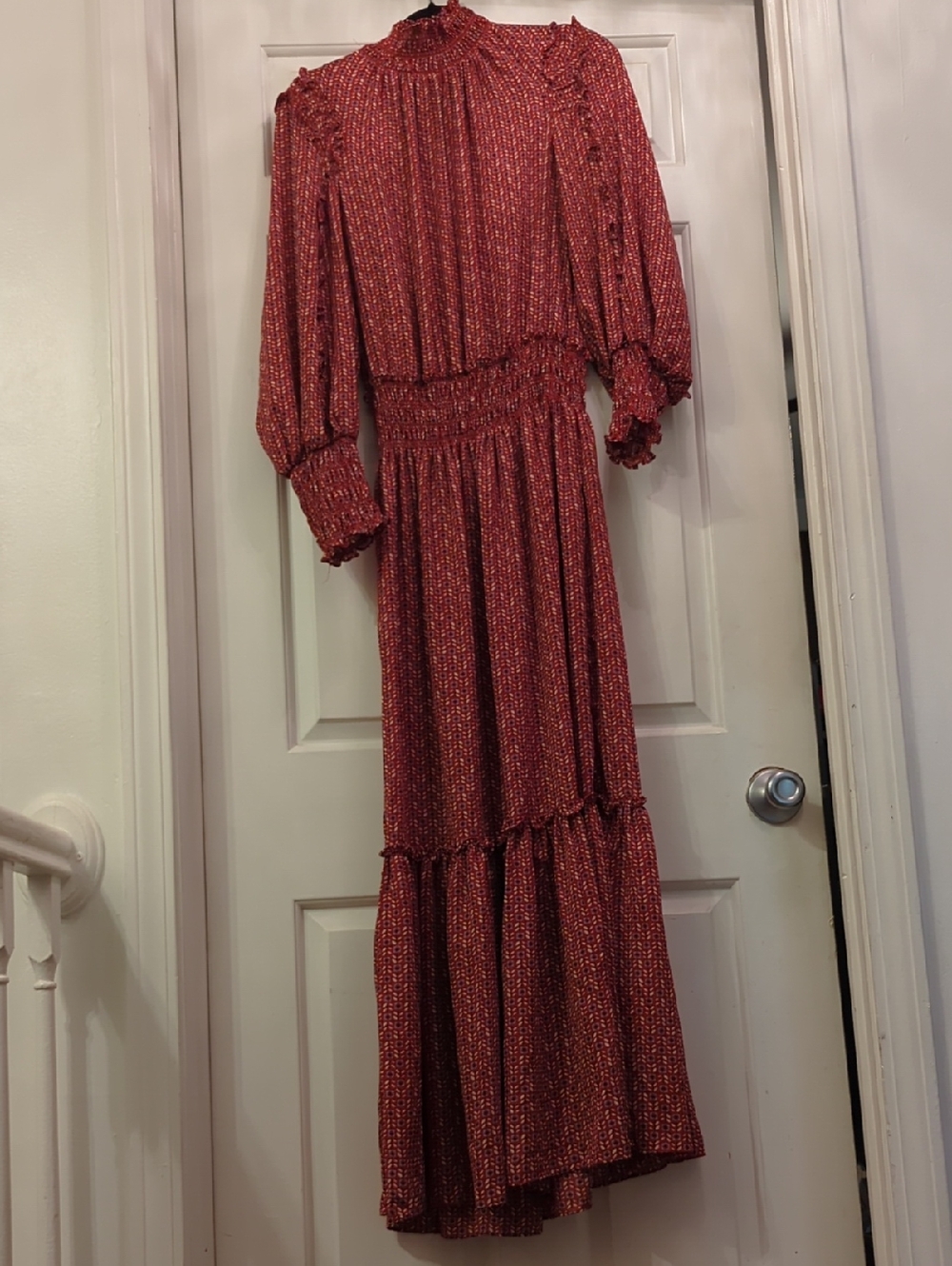 Max Studio Rust Red Smocked Waist Maxi Dress with Ruffle Accents
